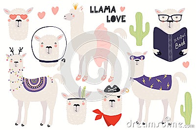 Set of cute llamas Vector Illustration