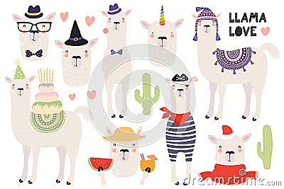 Set of cute llamas Vector Illustration