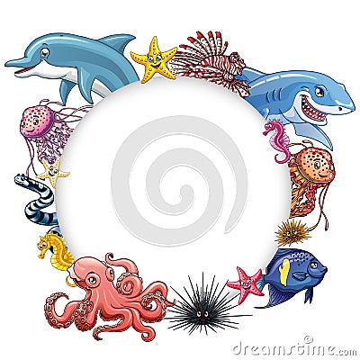 Set cute marine animals colorful on white Vector Illustration