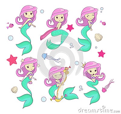 Set of cute mermaid characters isolated on white background. Kawaii mermaids with doodles for invitation, greeting card, poster e Vector Illustration