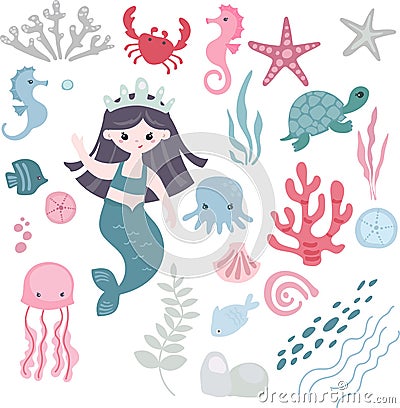 Set cute mermaid girls and undersea animals, crab, shells, seaweed and sea stars Vector Illustration