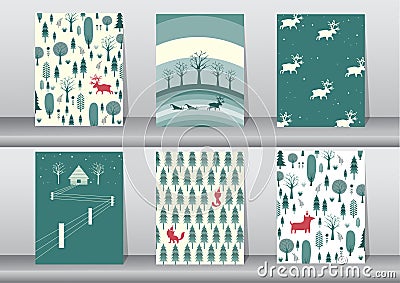 Set of cute Merry christmas background with cute animal and christmas Tree,Lovely cartoon background with holiday symbols,Vector Vector Illustration