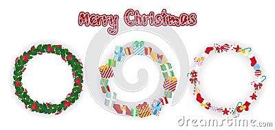 Set of cute merry christmas simple frames with sweets and candy cane, with gift boxes, with green Ilex aquifolium leaves and red Vector Illustration