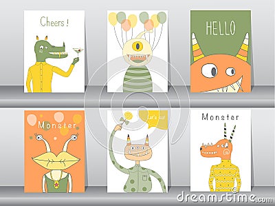 Set of cute monster poster,template,cards,party,Vector illustrations Vector Illustration