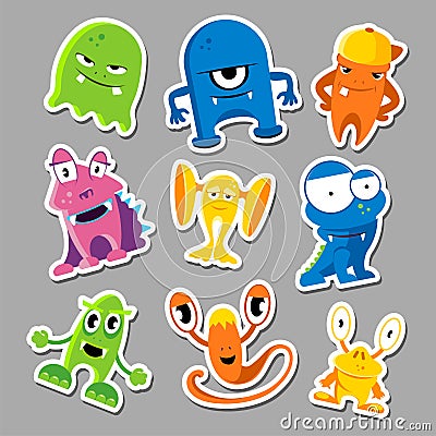 Set of cute monsters stickers Vector Illustration