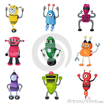 Set of cute multicolored robots. Vector illustration on white background. Vector Illustration