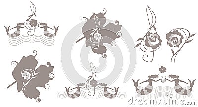 Set of cute music emblems with bass and treble clefs and musical rulers in shape of oceanic waves, mermaids and leaves Vector Illustration