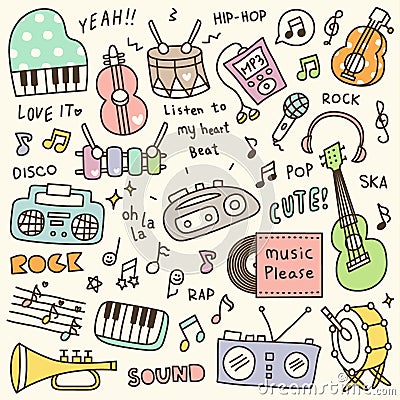 Set of Cute Music Instrument & Music Player Doodle Vector Illustration