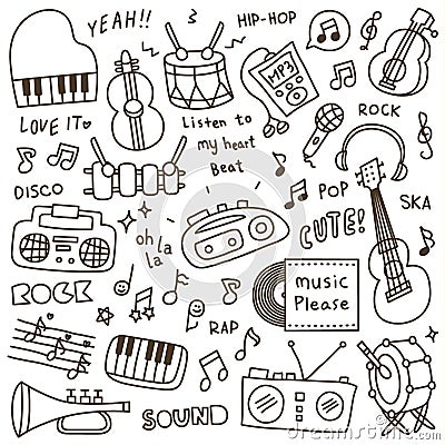 Set of Cute Music Instrument & Music Player Doodle Vector Illustration