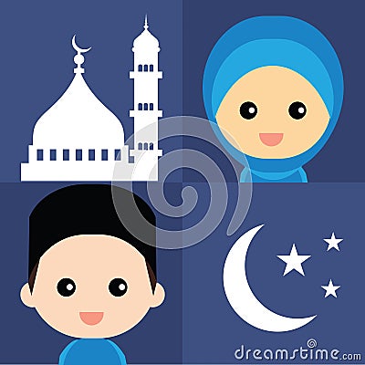 Set of cute Muslim character and elements Vector Illustration