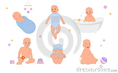 Set of cute newborn babies Vector Illustration