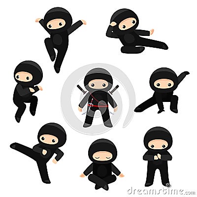 Set of cute ninjas in various poses isolated on white background Vector Illustration