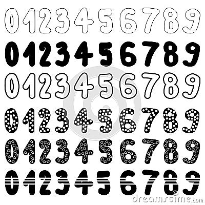 Set of cute numbers with different strokes and fills, six options for number signs with stripes, stars or circles Vector Illustration