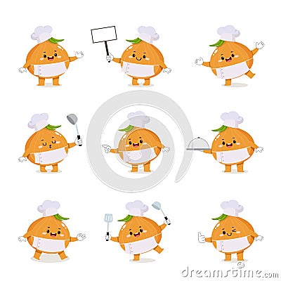 Set of cute onion chef cartoon characters with various activities Vector Illustration
