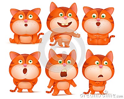 Set of cute orange cat cartoon characters in various poses. Cartoon Illustration