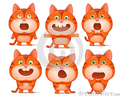 Set of cute orange cat cartoon characters in various poses. Cartoon Illustration