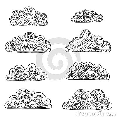Set of cute ornamental doodle clouds. Hand drawing Vector Illustration