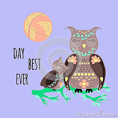 Owl mom and owlet are sitting on branch. Vector Illustration