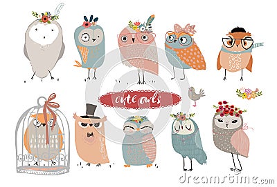 Set with cute owls Vector Illustration