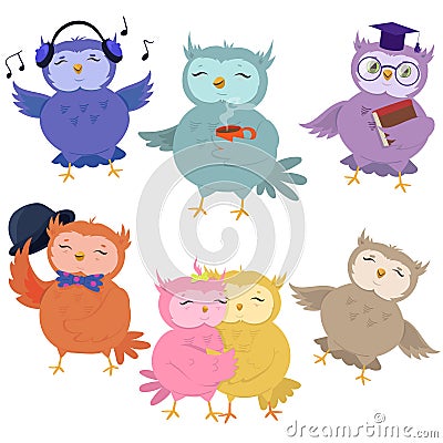 Set of cute owls isolated on white background. Vector illustration Stock Photo