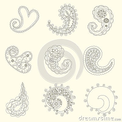 Set of cute Paisley pattern, Turkish cucumber, for design of fabrics, tableware, wallpaper Vector Illustration
