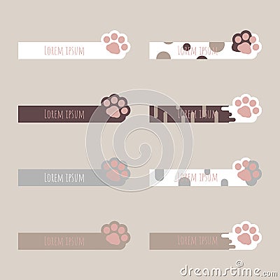 Set of cute pastel text box, speech bubble, balloon, talk, think, banner frame with animal pet cat paw footprint Vector Illustration