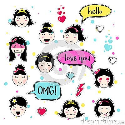 Set of cute patch badges kawaii anime style Vector Illustration