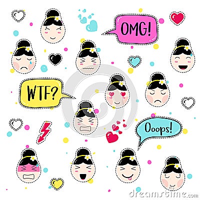 Set of cute patch badges kawaii anime style Vector Illustration