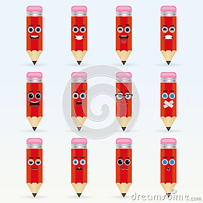 Set of cute pencil emoticons. Vector Illustration