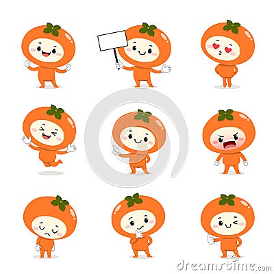 Set of cute persimmon cartoon characters with various activities and emotions Vector Illustration