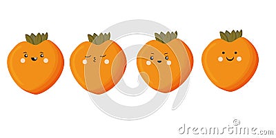 Set of cute persimmon kawaii fruits, isolated on white background. Vector flat illustration Stock Photo