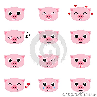 Set of cute piglet emoticons Vector Illustration