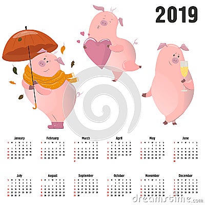 Set from cute pigs. Sweet piggies. Cute cartoon funny baby characters. Chinese symbol of 2019 new year. Zodiac sign. Flat design. Stock Photo