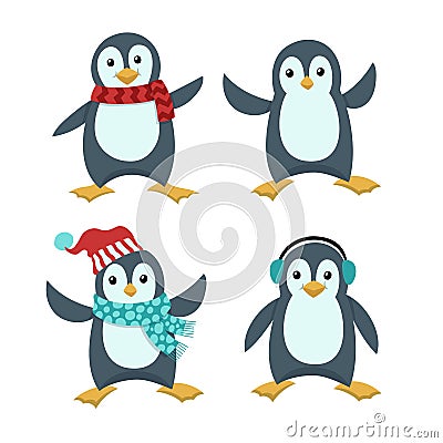 Set of Cute Pinguin Illustration in Flat Design Vector Illustration