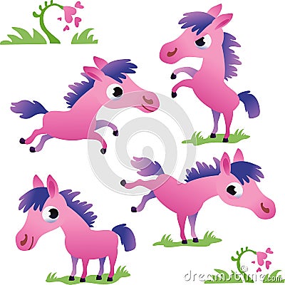 Set of cute pink cartoon pony Vector Illustration