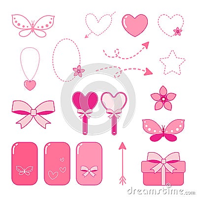 Set of cute pink elements for decoration. Girl diary concept Vector Illustration