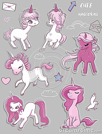 Set with cute pink unicorns Vector Illustration