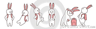 Set of cute pink vector bunnies. Hand drawn cartoon bunny with backpack in school. Cute character design. Rabbit schoolbgirl in fu Vector Illustration