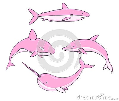 Set of cute pink vector underwater life with whale, shark, narwhal and dolphin. Sea creatures isolated on the white background. Vector Illustration