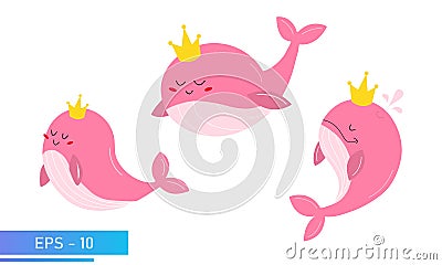 Set of cute pink whale in delicate pink colors and a golden crown on his head. Proud and sweet. Vector illustration. Vector Illustration
