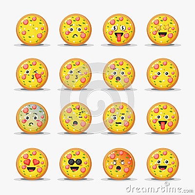 Set of cute pizza with emoticons Vector Illustration