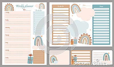 Set Cute planner templates - for day, week, to-do list. Scandinavian style organizer and schedule with notes and to do Vector Illustration