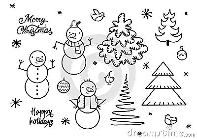 Set of cute playful snowmen. Elements from the Christmas collection of characters. Happy New Year, Merry Xmas design element. Stock Photo