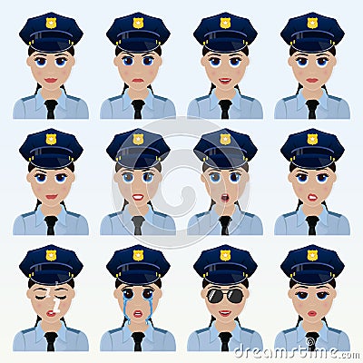 Set of cute police officer woman emoticons. Vector Illustration