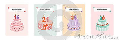 Set of cute postcard for Happy Birthday. Trendy and minimalistic posters with lettering and hand drawn illustration about birthday Cartoon Illustration