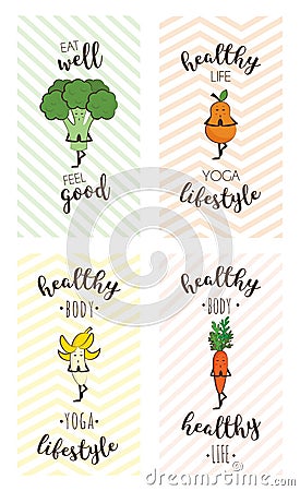 Set of cute posters of fruits and vegetables doing sport with inspiring quote Vector Illustration