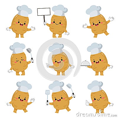 Set of cute potato chef cartoon characters with various activities Vector Illustration