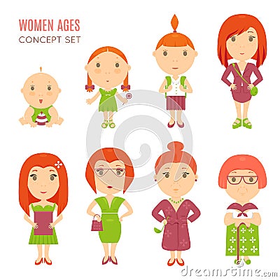 Set of cute pretty women age flat icons Vector Illustration