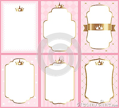Set of cute princess pink templates for invitations. A little princess party. Vector Illustration