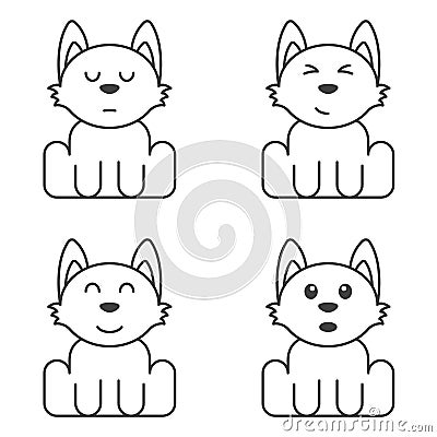 A set of cute puppies with different faces for self-coloring. Surprised, contented, brooding and happy dog. Isolated Vector Illustration
